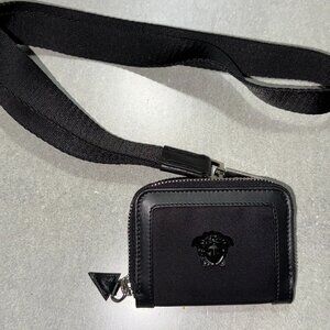 AUTHENTIC MENS WOMENS VERSACE LEATHER NYLON MEDUSA ZIP AROUND LANYARD WALLET